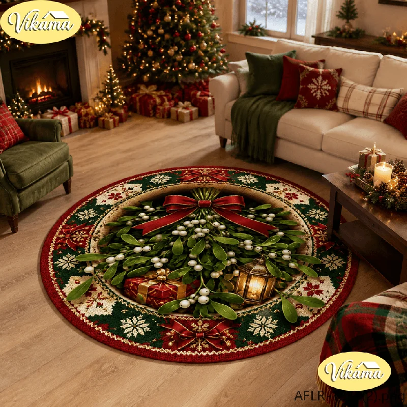 VIKAMA 3D Mistletoe Round Rug Flannel Non Slip Circular Carpet Red Bow Berry Lantern Pattern Living Room Bedroom Floor Mat Xmas