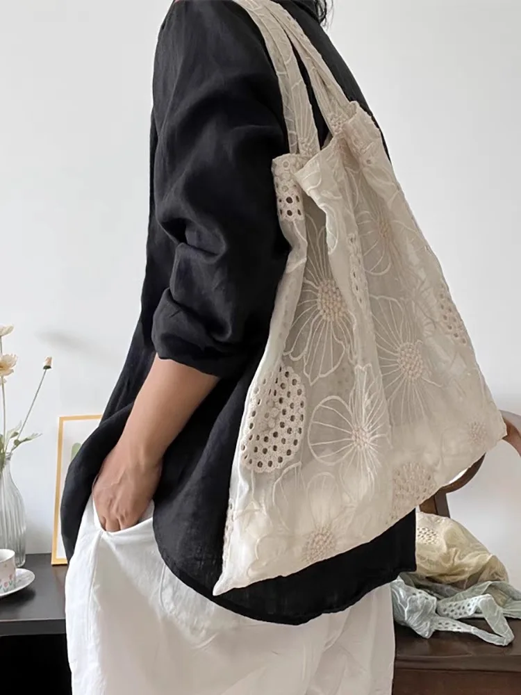 

Romantic Handmade Embroidery Heavy Work Silk Hollow out oulder Bag Women's Soft Canvas Tote Bag Korean Sle Summer Bag