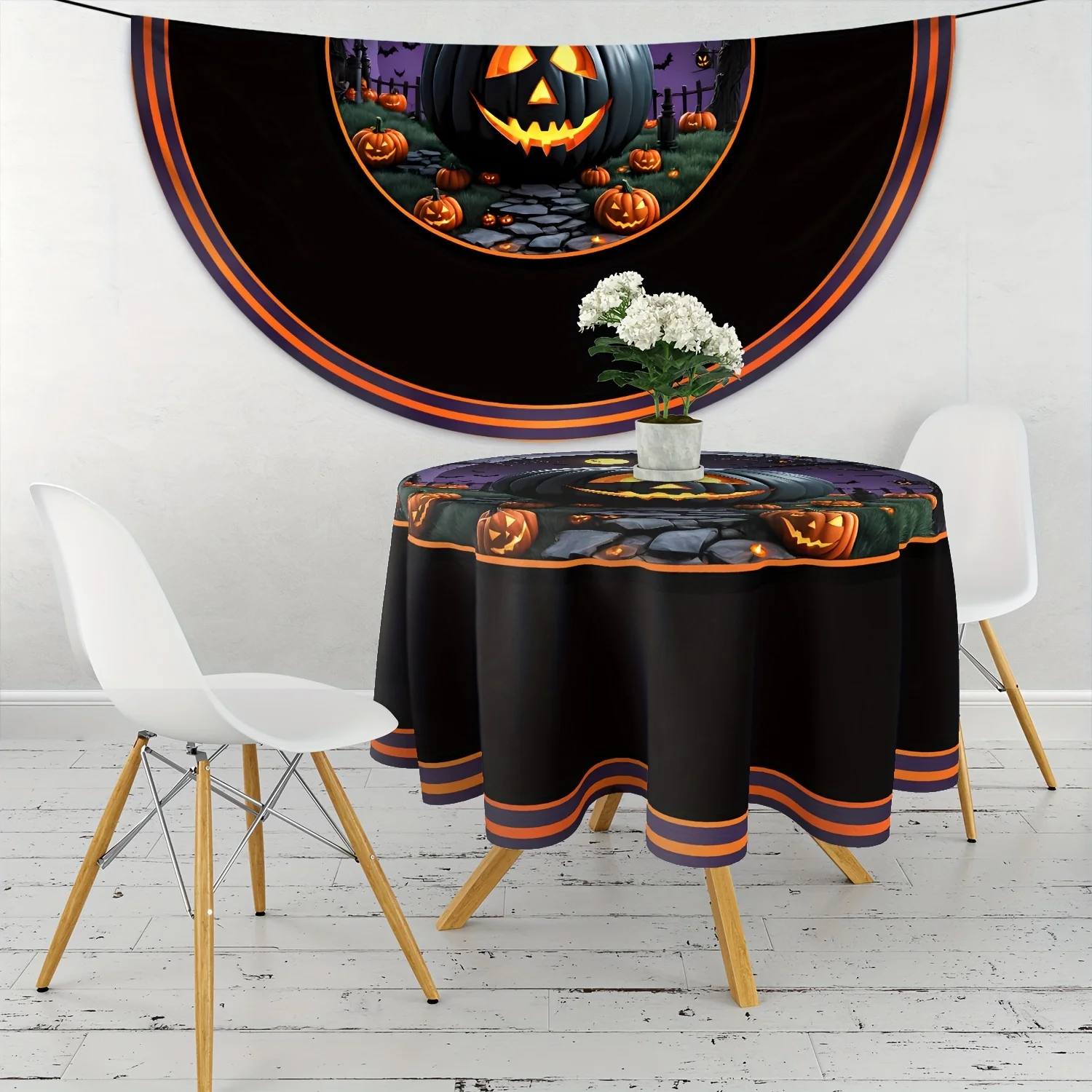 VIKAMA Halloween Spooky Pumpkin Tablecloth Bat Tombstone Pattern Waterproof Oilproof Round Party Theme Restaurant Decoration