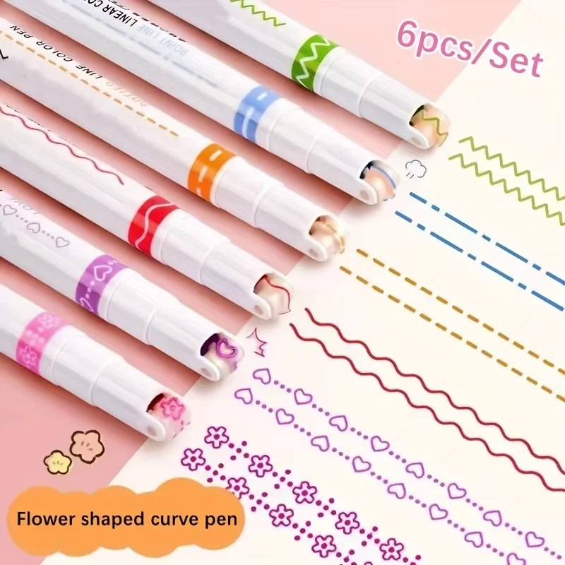 6er-Set niedliche Textmarker in Blumenlinienform mit Rollspitze, gebogene Liner-Marker zum Schreiben, Journaling, Zeichnen, Schulbedarf