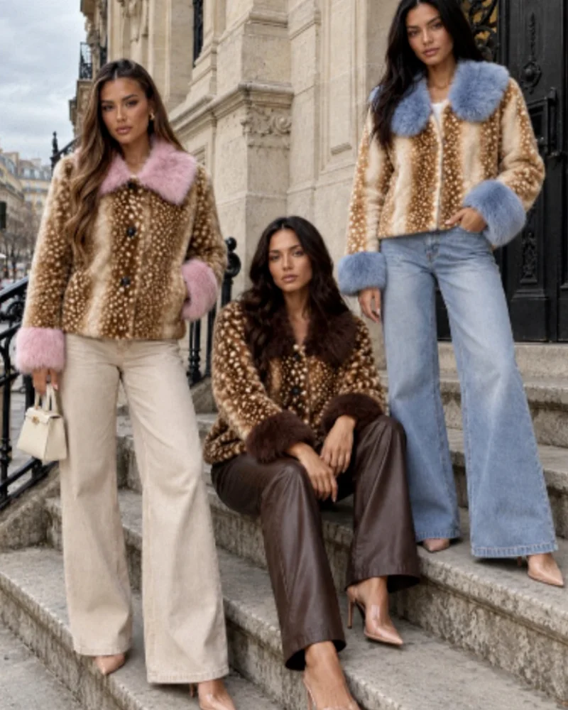 Women's faux fur 2026 autumn new European and American style retro spotted deer collar and cuffs faux fur patchwork jacket