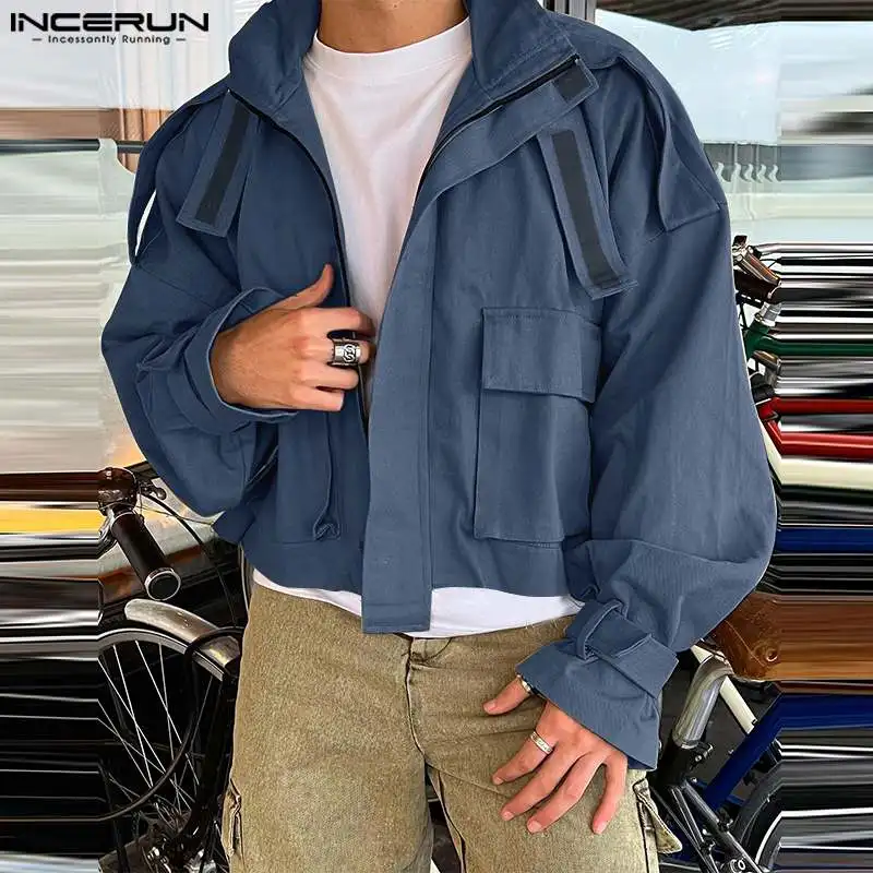 INCERUN Men Jackets Solid Color Stand Collar Long Sleeve Pockets Casual Male Coats Streetwear 2024 Zipper Fashion Jackets S-5XL