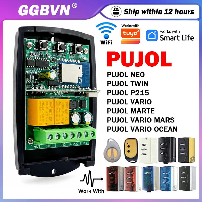 433MHz WIFI Receiver 2CH Relay Module Garage Door Opener For PUJOL VARIO MARS OCEAN NEO P215 TWIN MARTE 433.92MHz Remote Control