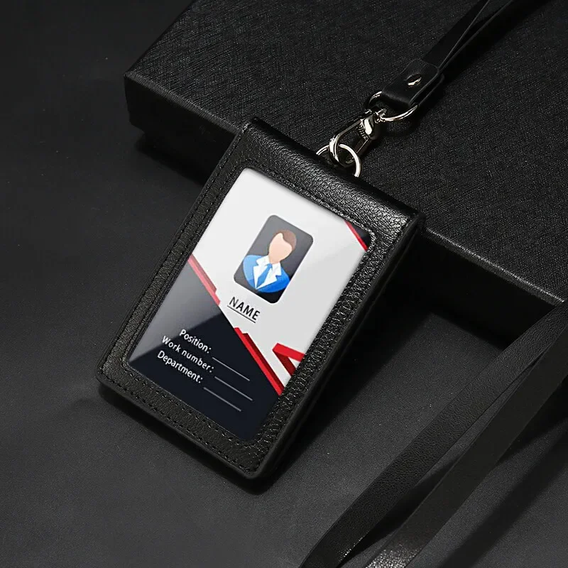 

Men and Women Badge Holder Business Work Card Neck Strap PU Lanyard ID Card Case Office Office Supplies