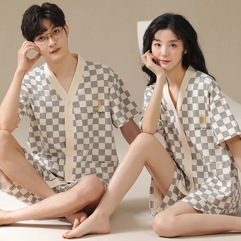 Bear Cartoon Cute Couples Cotton Pajamas Set Summer Shorts Cardigan Homewear Women and Men Matching Kimono Nightwear Dropship