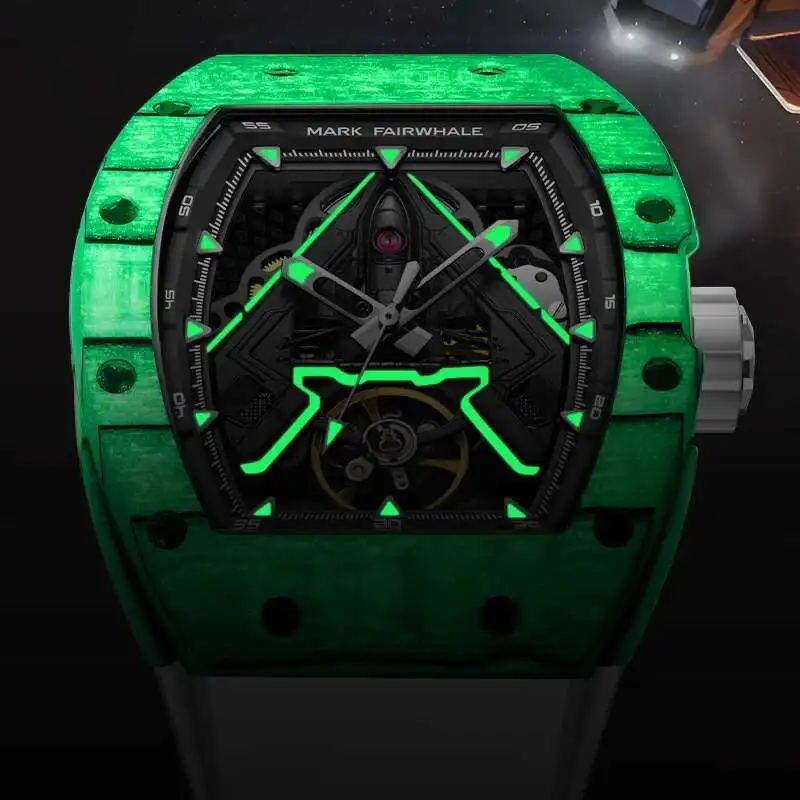 Mark Fairwhale 6004 Orologio meccanico alla moda da uomo Cinturino in caucciù impermeabile Tourbillon cavo Design con botte di vino da combattimento