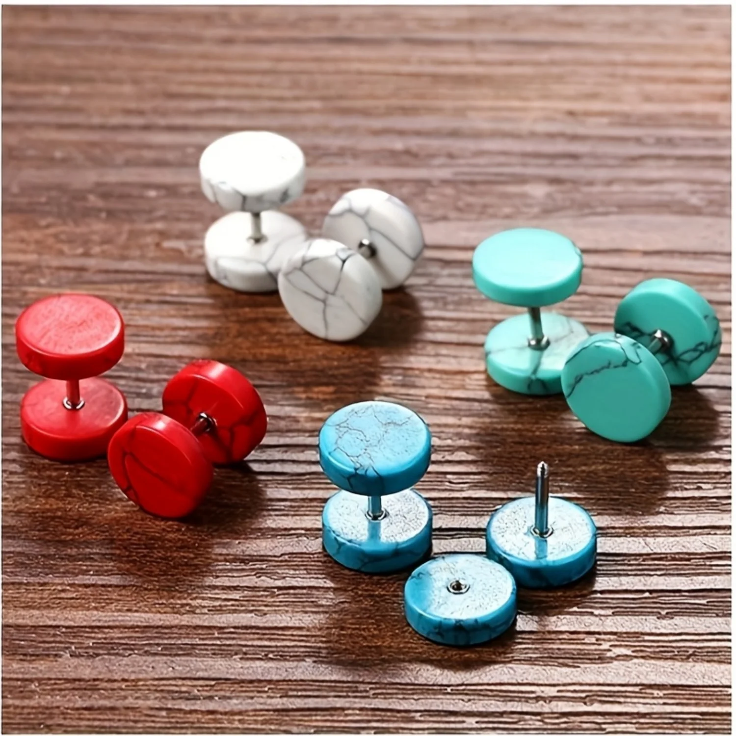 1 Pairs Synthetic Turquoise Stud Earrings Men Women 316L Stainless Steel Cheater Fake Ear Plugs Gauges Illusion Tunnel