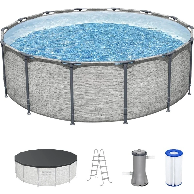 

14' x 48" Above Ground Pool, Round Metal Frame Outdoor Swimming Pool Set with Filter Pump, Ladder, and Cover, Gray Stone Print