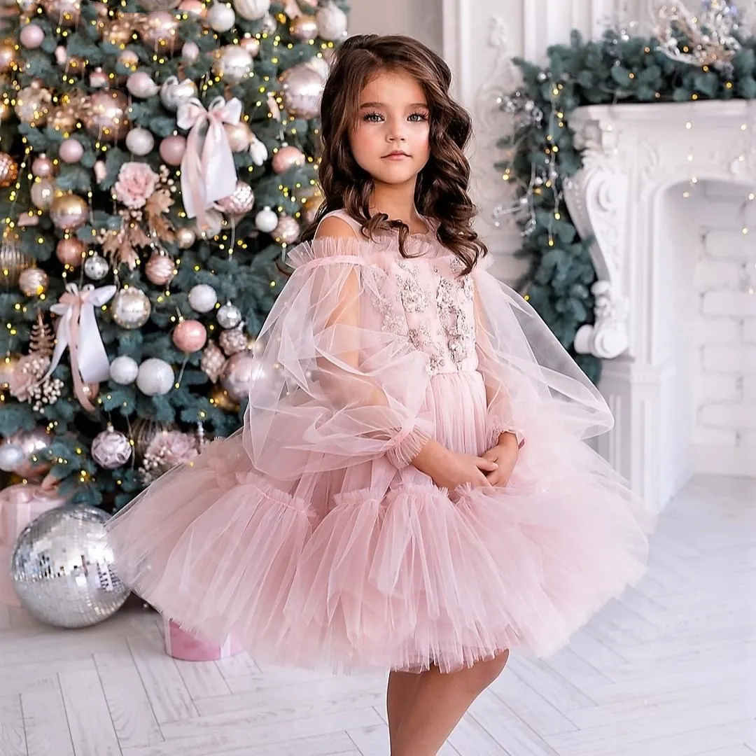 

Puffy A Line Flower Girl Dresses Beaded Knee Length Fluffy Pink Tulle Wedding Party Gowns for Princess Girl Pageant Gown