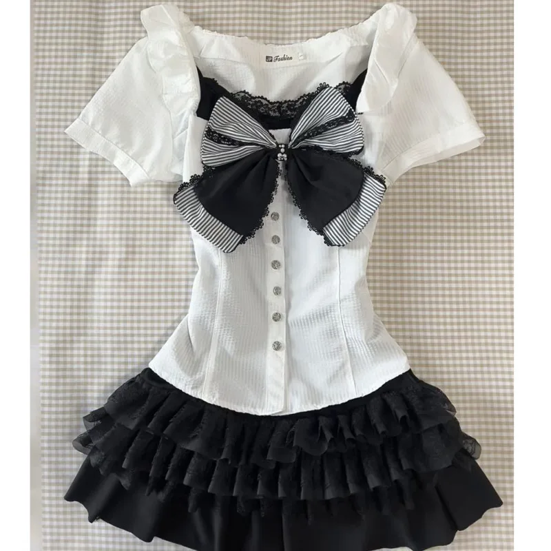 Punk Y2k Retro Skirt Suit Women Sexy Sling Mini Hotsweet Girl Dress Short Sleeve Shirt Summer Crop Top Gothic Aesthetic Bow Top