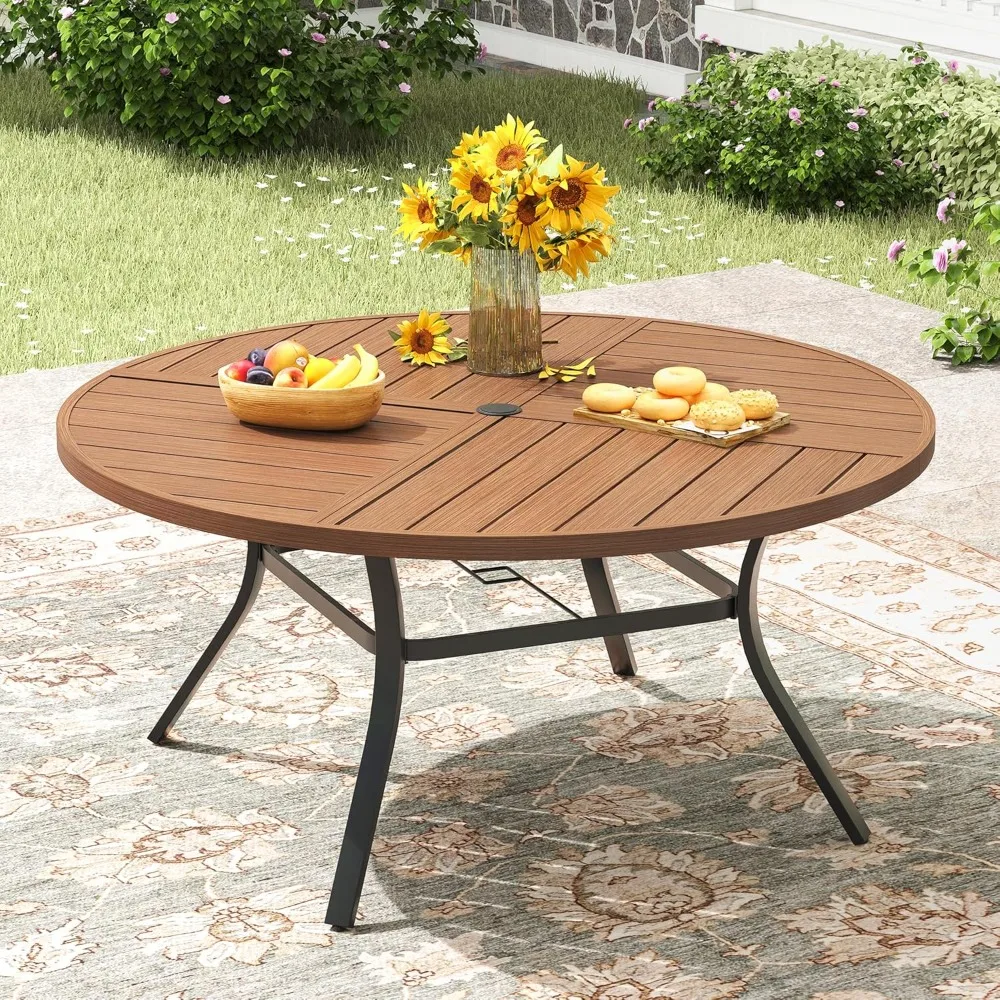 

Outdoor Patio Round Dining Table for 6, 49.9" x 49.9" Metal Sleek Slat Dining Table with Umbrella Hole for Lawn Garden Deck Back