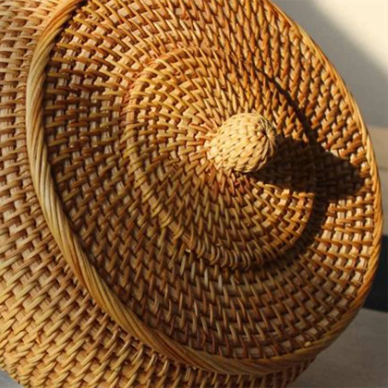 3X Round Rattan Box,Wicker Fruit Basket With Lid Bread Basket Tray Storage Basket Willow Woven Basket For Bread, Snack