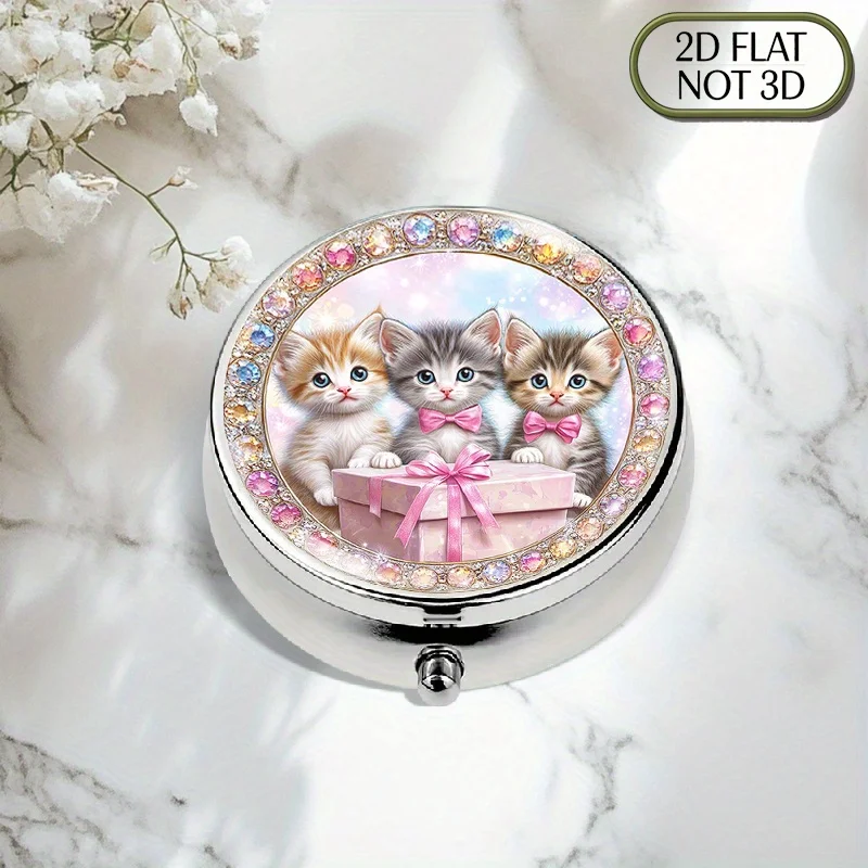 Single-piece flat portable round metal pill box, featuring a beautiful hand-painted glass cat pattern inside a pink gift box, with a colorful border design. It is suitable for organizing medication, vitamins, and small items, making it a great gift for Father's Day or Independence Day and other summer holidays. Flat style