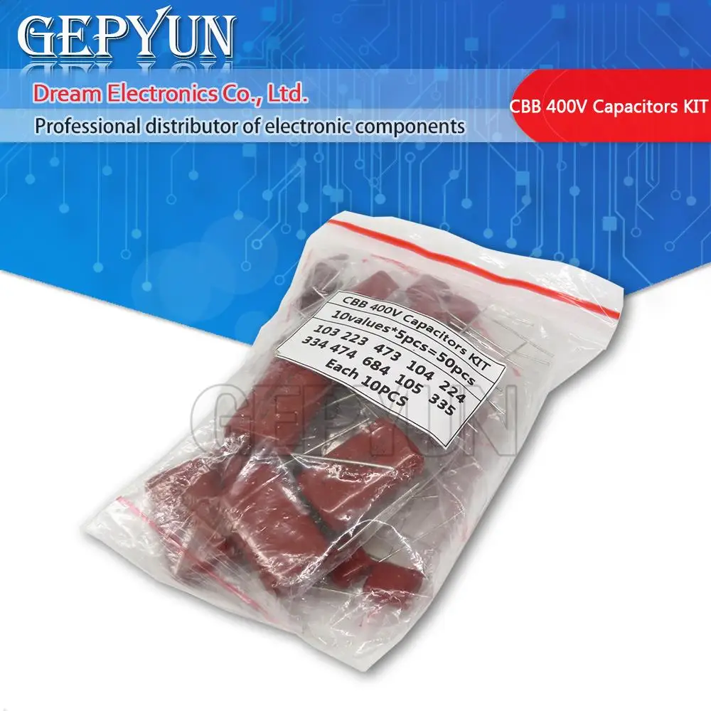 KIT 50PC=10value*5PCS Metallized Polyester Film Capacitors CBB Assortment Kit 400V 10nF ~ 3.3UF