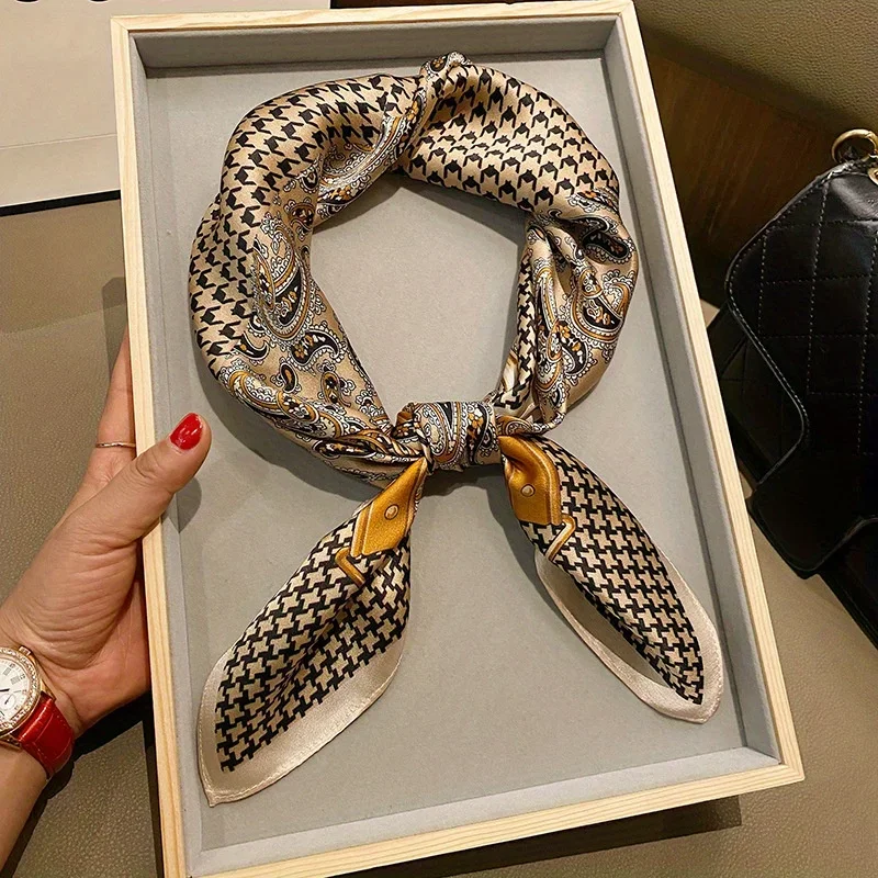 26.77 "بيزلي houndstooth مطبوعة مربع وشاح القهوة اللون رقيقة السلس وشاح للرقبة خمر نمط واقية من الشمس الحجاب للنساء