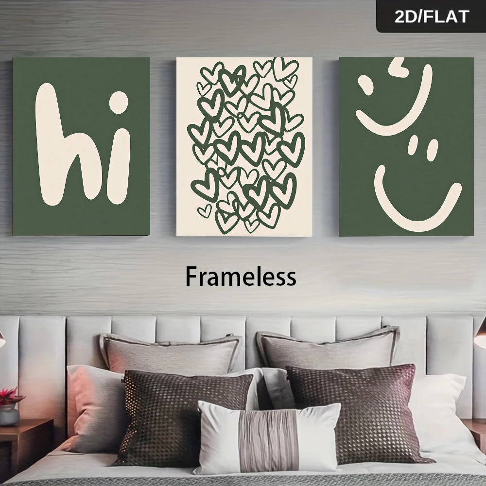 One set of three frameless decorative paintings, featuring a green theme with smiling hearts and letter patterns, in 2D.