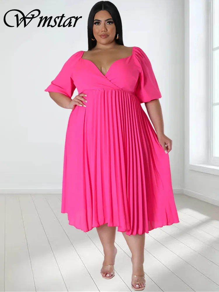 Wmstar Plus Size Women Clothing Dresses for Women Party Solid  V Neck Maxi Dress Fashion Pleated Outfits Wholesale Dropshipping