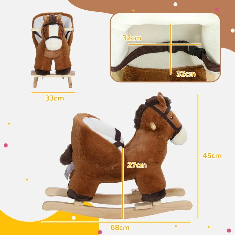Baby Rocking Horse, Plush Animal Rocker with Sound, Wooden Base, & Safety Belt for Ages 18-36 Months, Brown