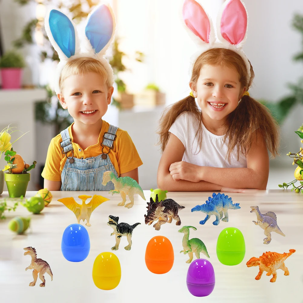 12Pcs Prefilled Easter Eggs with Dinosaur Toys Easter Basket Stuffers Surprise Easter Eggs for Kids Easter Egg Hunt Game