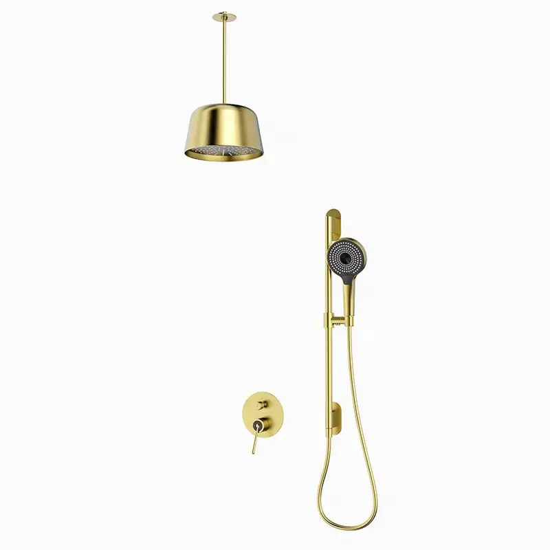 Luxury Brushed Gold 10 inch Rainfall Overhead Shower head set Hot and Cold water Concealed Shower set Kit Recessed Shower Faucet