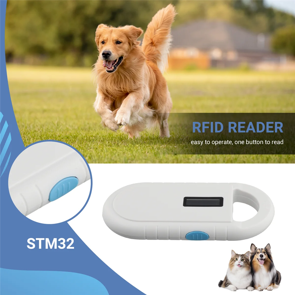 Lector RFID Escáner para mascotas Lector de chips de animales portátil Lector RFID compatible con 11784/11785, -B