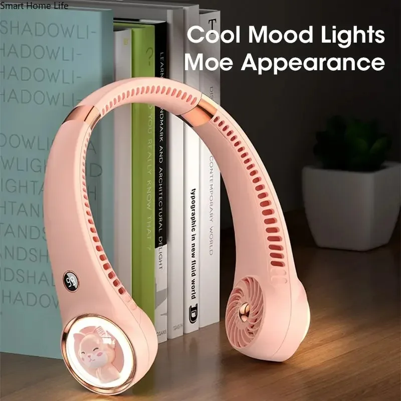 Bladeless Neck Fan USB Rechargeable 2000mAh Digital Display Mini Cute Cat Shaped Portable for Travel Outdoor Office