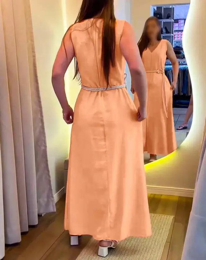 

2026 Summer New V-neck Sleeveless Zipper Back Split Front Long Dress - with Belt