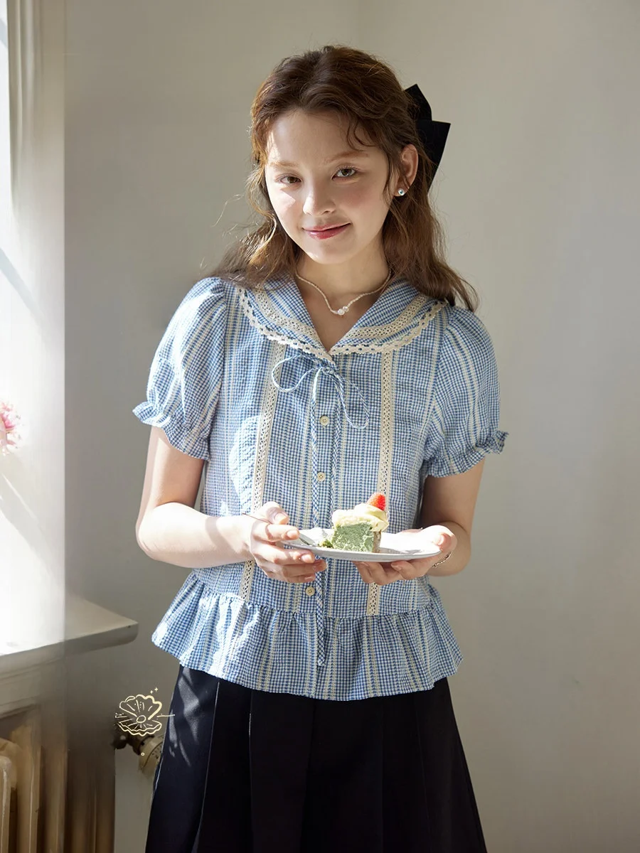 

Nov Et Lace Trimmed Navy Collar Plaid irt Women's Hem Ruffle ort irt Vintage Sle Bubble Sve Loose Fit Summer