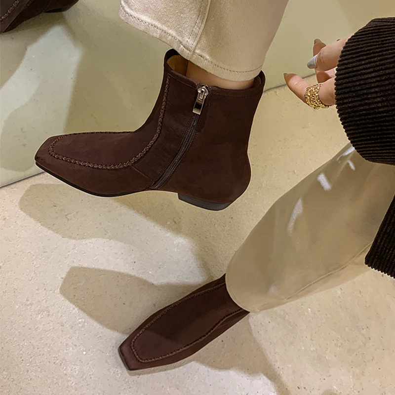 Women's Retro Square Toe Mid Calf Boots Spring Autumn Vacation Shoes Famale Side Zipper Thick Soled Flat Bottom Chelsea Boots