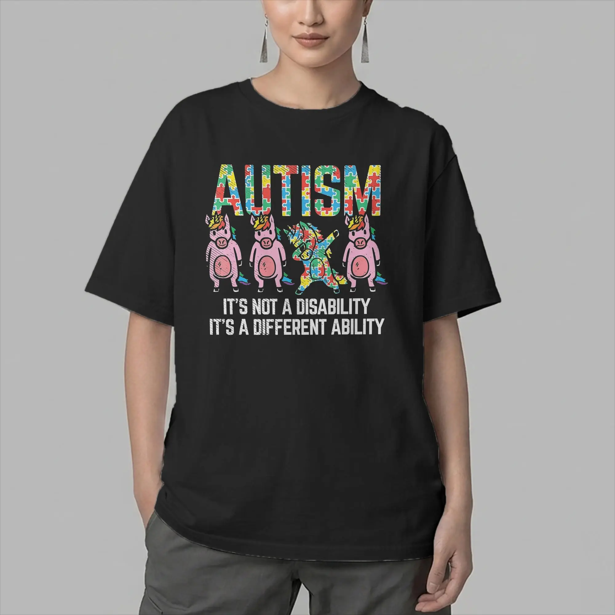 Men T-Shirts Different Ability Not Disability Unicorn Dab Autism Cotton Tee Shirt Short Sleeve  T Shirts Crew Neck Clothing New