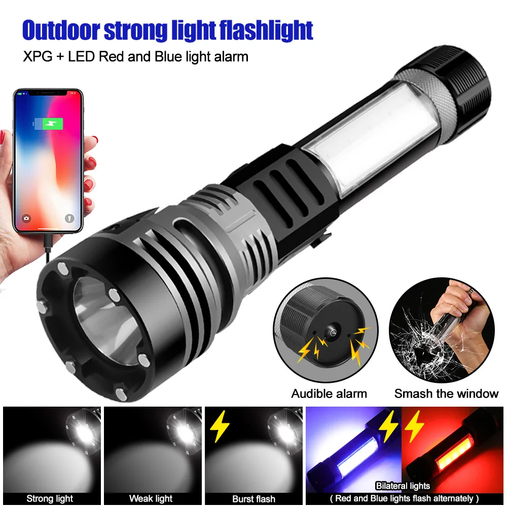 

USB Rechargeable Self-Defense Flashlight COB Red&Blue Magnet Alarm Glare Lantern Emergency Torch Tail Safety Hammer&Mobile Power