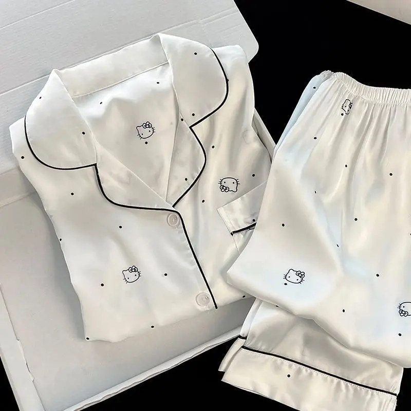 

Sanrio Hello Kitty Sexy Women's Pajamas Set Kawaii Cartoon Spring Autumn Sleepwear Long Sleeve Pant Nightwear Ice Silk Home Suit