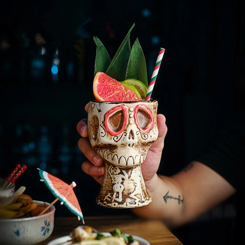 Halloween Skull Ceramic Mug - USA Creative Bar TIKI Skull Cocktail Glass Funny Vintage Drinking Goblet for Mixed Wine & Beer