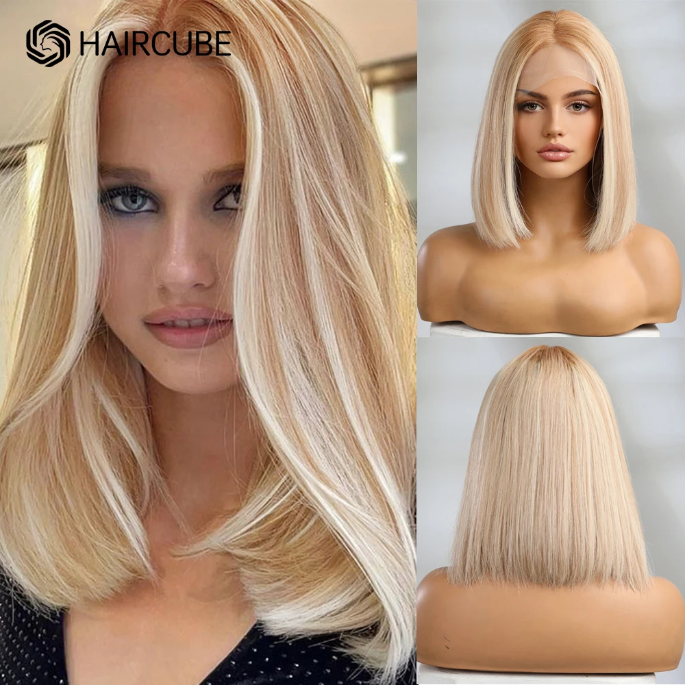 HAIRCUBE Bayalage العسل شعر طبيعي أشقر الباروكات للنساء 13 × 5 × 1 الدانتيل شعر مستعار أمامي Lob تصفيفة الشعر الجزء الأوسط بوب ريمي شعر الإنسان شعر مستعار