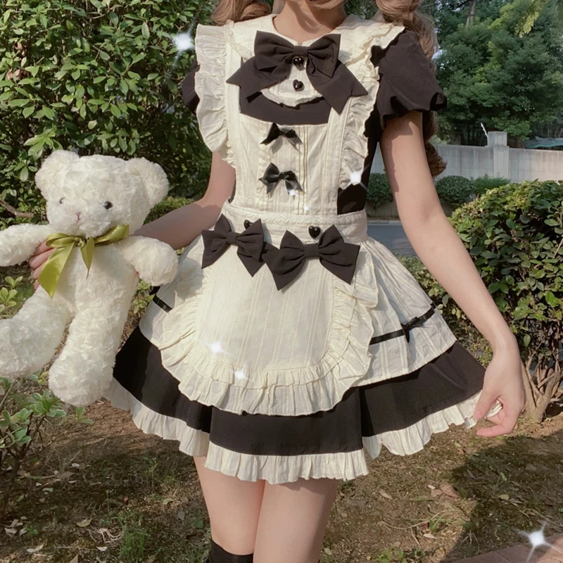 RORORIRI-vestido de princesa con lazo Kawaii para mujer, conjunto de 2 piezas de manga larga, falda envolvente de dos tonos, minivestido superpuesto, ropa de otoño Lolita