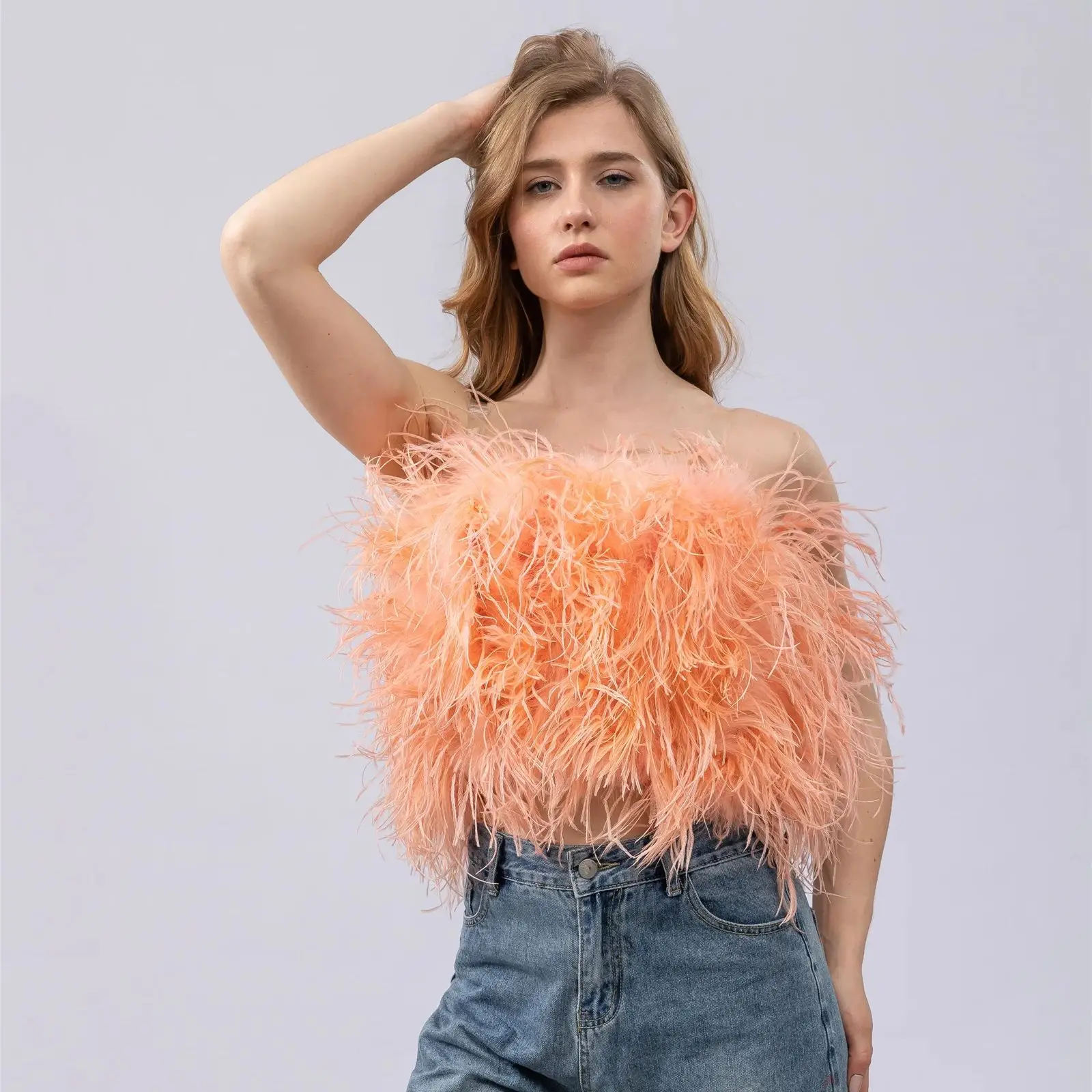 Women's Furry Strapless Tube Top, Bandeau Sleeveless Camisole, Sexy Ostrich Feather, Peach Fuzz, Hight is 30 cm, 2024