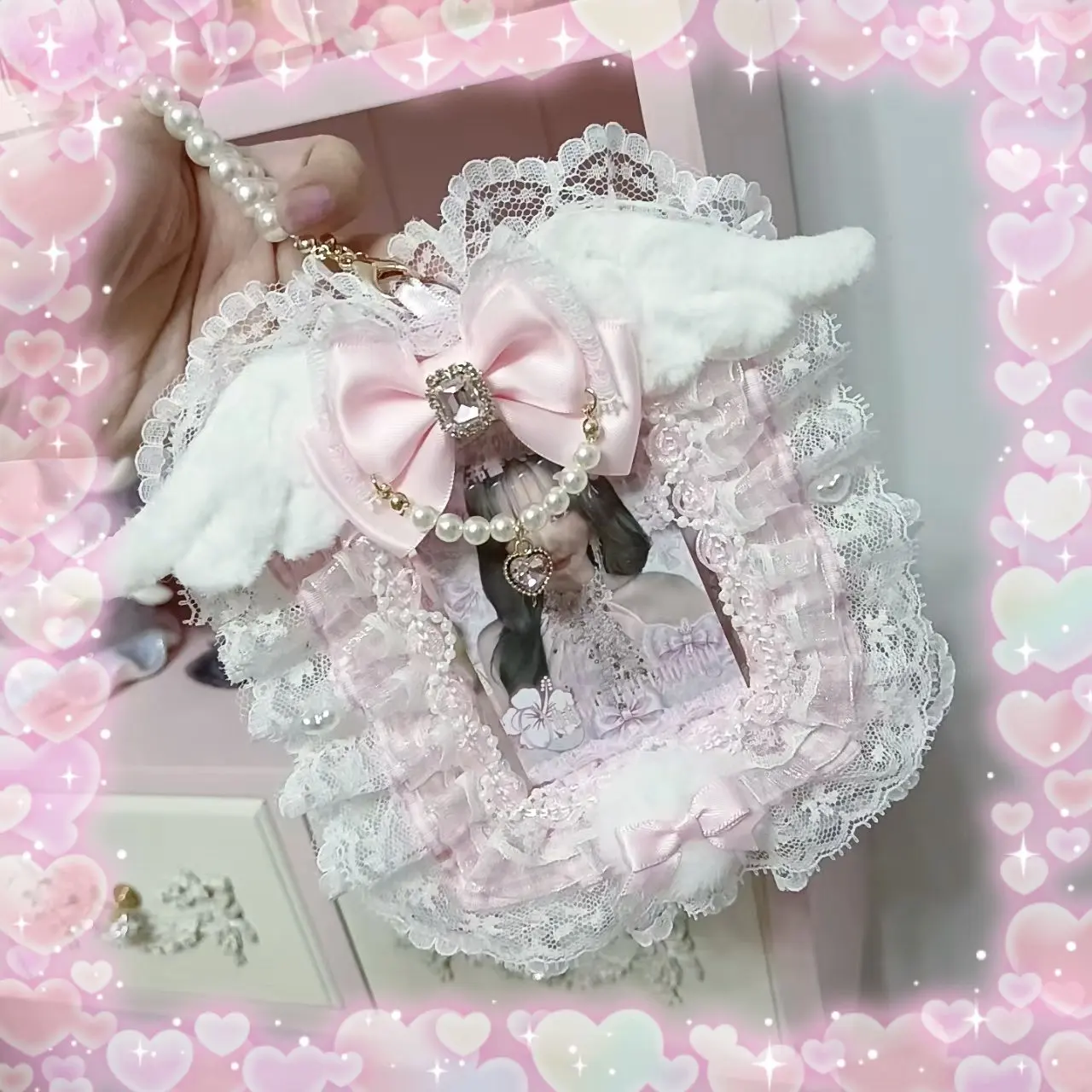 Handmade Lolita Hairy Wings Bow Beaded Lace Card Cover Small Card Cover Lta Bag Pendant Double Sided