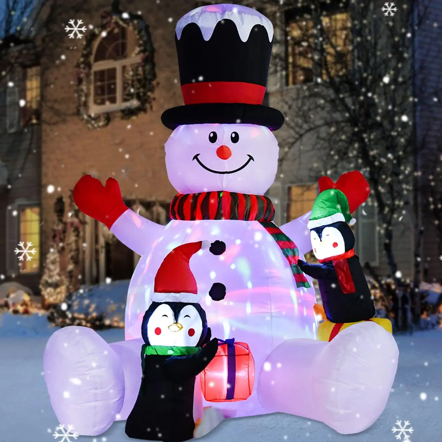 7ft Opblaasbare Kerst Sneeuwman Met Pinguïns Roterende Veranderende Led Verlichting Xmas Vakantie Opblazen Decoratie Outdoor Feest Speelgoed