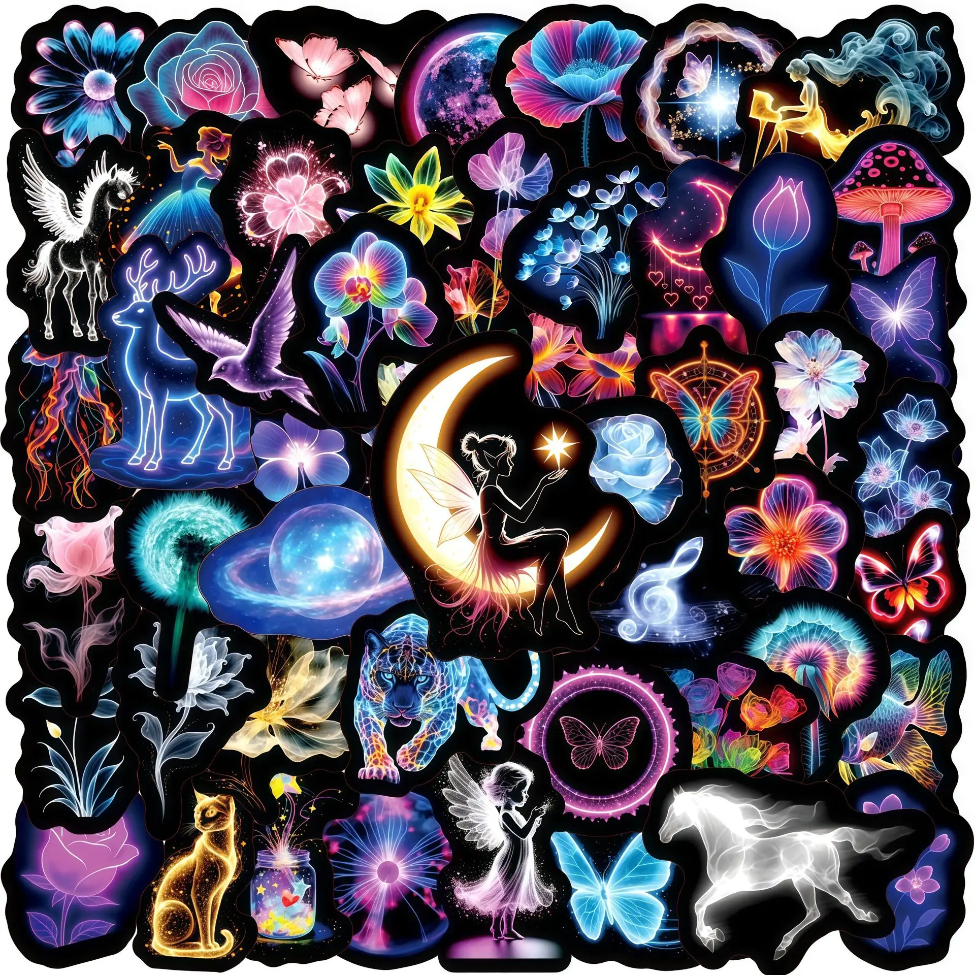50Pcs Neon Style Mix Animals Stickers Aesthetic Stickers Moon Vinyl Waterproof for Laptop Phone Notebook Bottle DIY Stickers