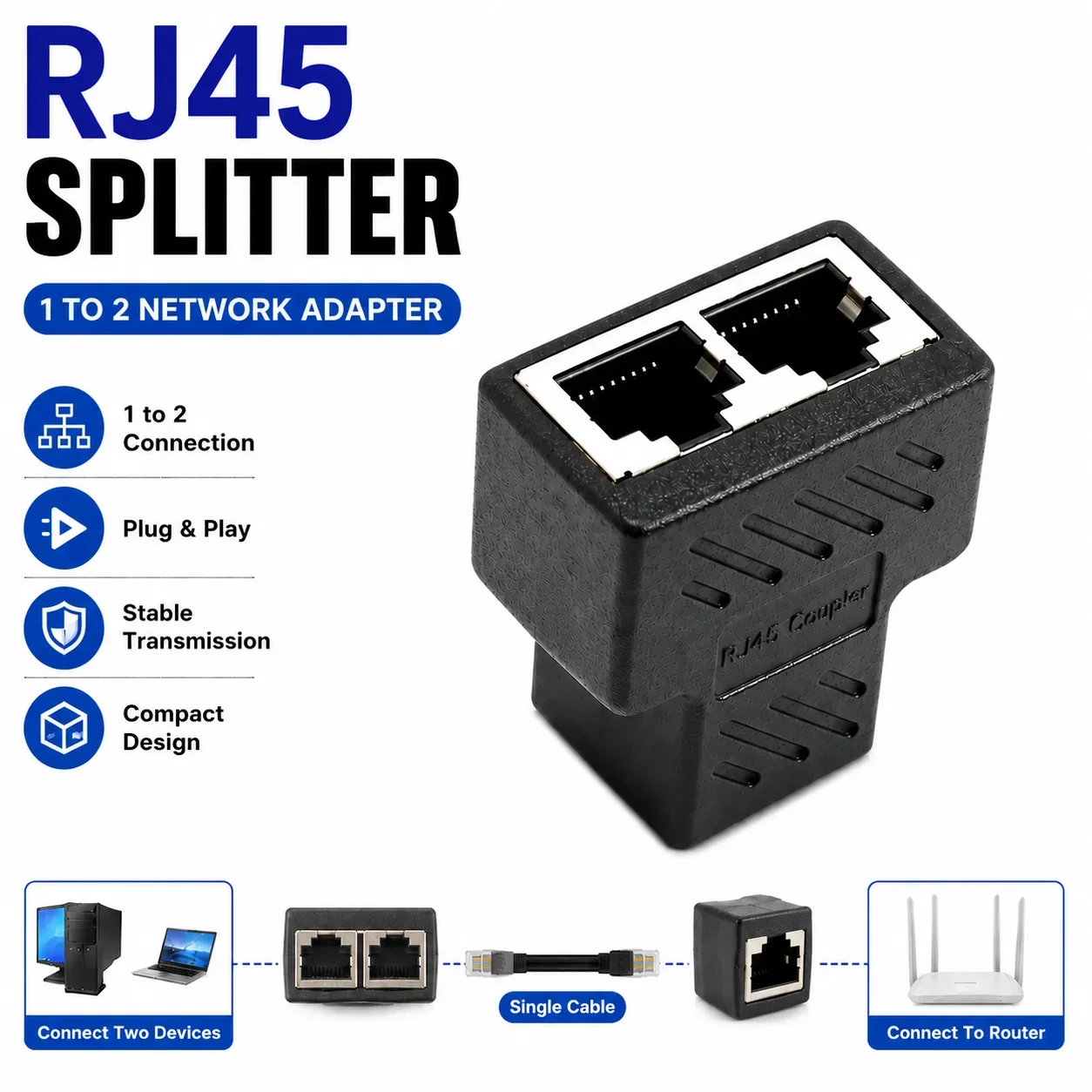 

Network Splitter Double Cable 1 To 2 Way LAN RJ45 Ethernet Port Extender Plug Connector Adapter Laptop Docking