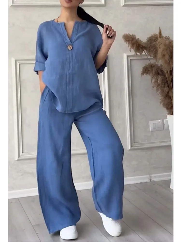Spring Autumn Fashion Cotton And Linen Solid Two Piece Set Women Causal Loose V-neck Top Wide Leg Pants 2 Piece Sets Woman