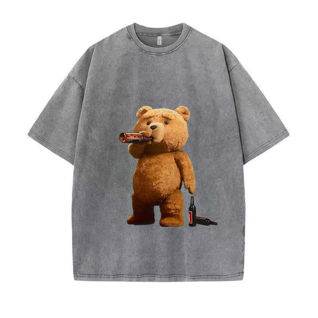 Cute Ted Bear Drinking Beer Poster Fun Printed Washed Cotton T-Shirt Men\'s Casual Short Sleeve Loose Thick Breathable T Shirt