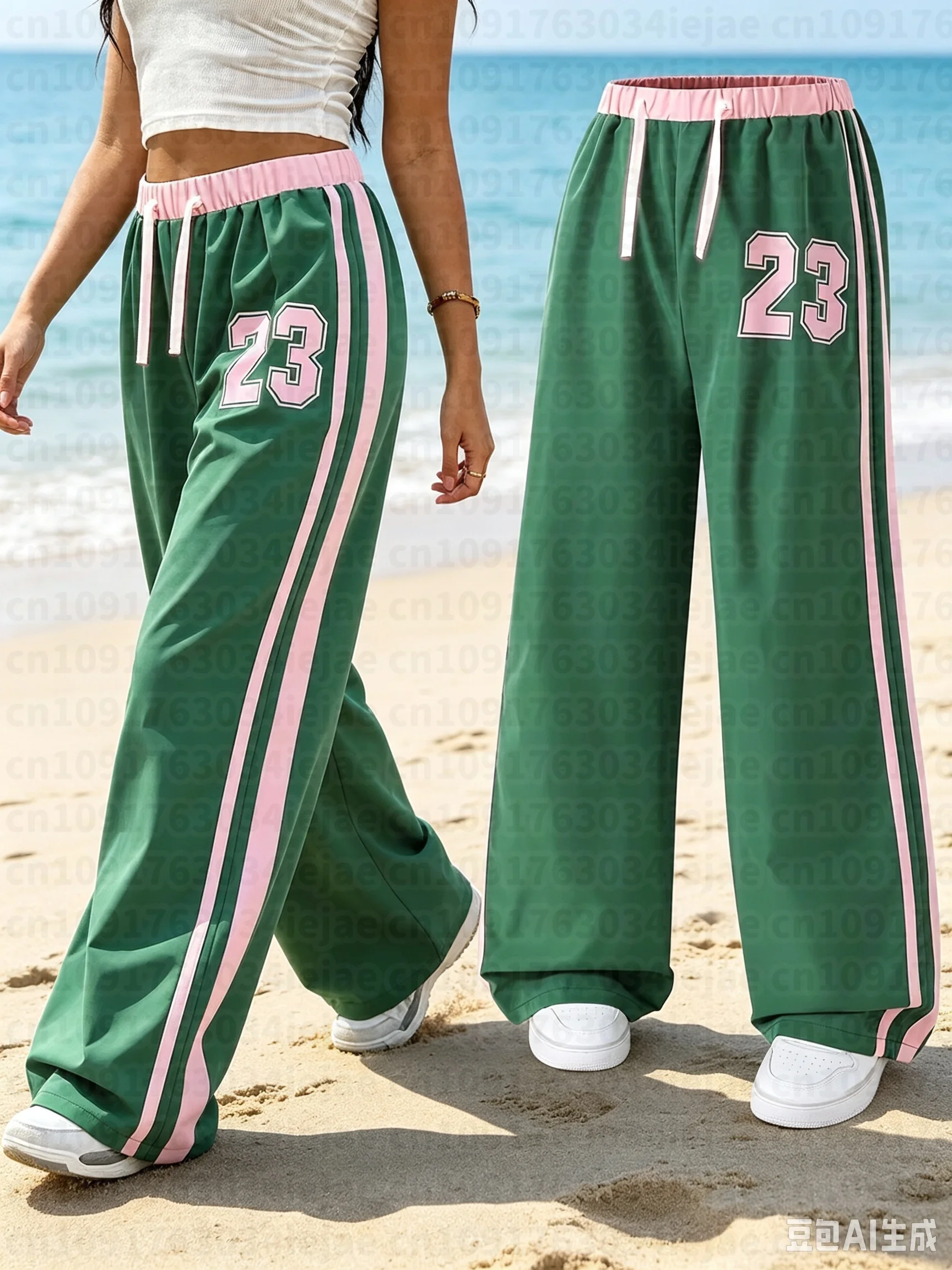 2026 Damen Trainingshose in Grün-Rosa Farbblock-Design, Seitliche Doppelstreifen # 23 Print Elastische Taille Lässige Streetwear-Hosen für Kinder – Detail 5