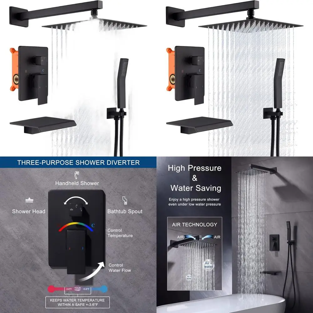 

Wall-Mounted Matte Black Shower System with 10 Rain Shower Head, Handheld, and Tub Spout Mixer