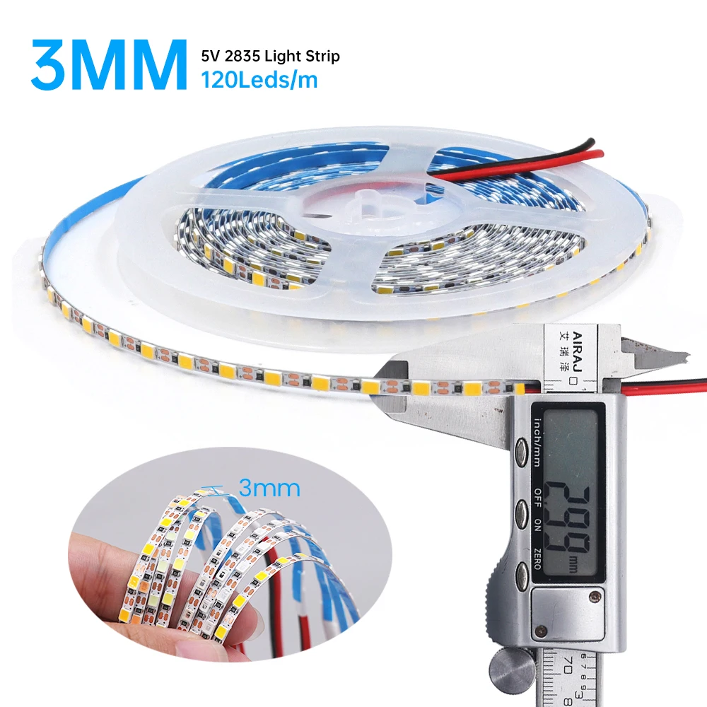 3mm Width LED Strip Light DC 5V Flexible LED Tape 2835 120leds/m LED Ribbon with Adhesive Backlight Advertising Lighting