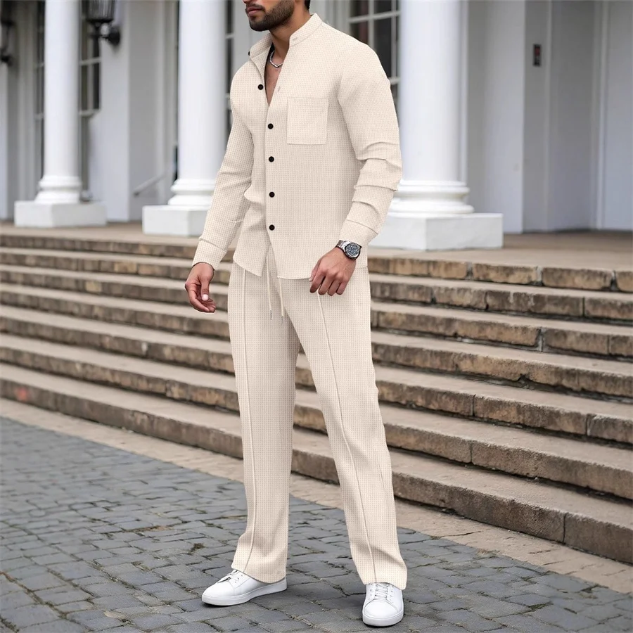 2026 New Spring Autumn Men's Waffle Suit Long Sleeve Stand Collar Shirt and Long Pants Stylish Men Casual Clothing 2 Piece Sets