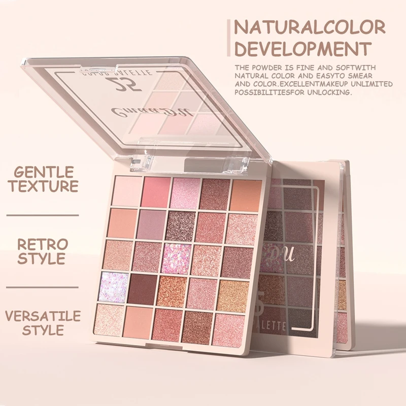 Paleta de sombra de ojos de 25 colores, Color marrón melocotón, brillo mate, paleta de maquillaje de ojos diaria, sombra de ojos nacarada brillante resistente al agua