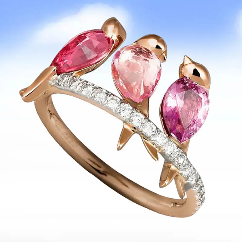 S925 Sterling Silver Ring Creative Animal 3 Birds Ruby Pink Diamond Rose Gold