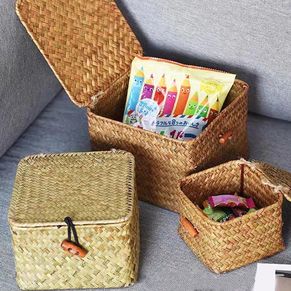 

Straw Woven Storage Box 20x20x11cm Basket Lid for Bedroom Living Room Decorative Holder Gift Box