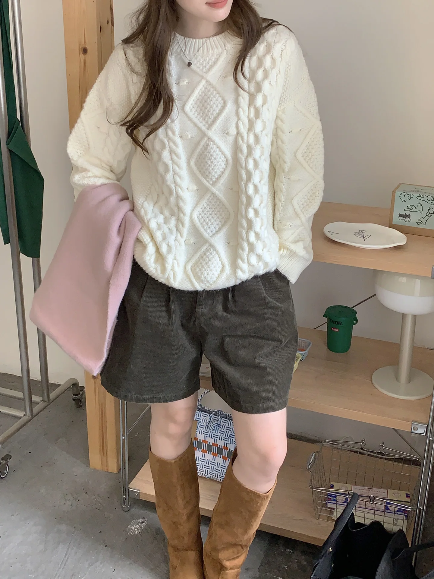 

Women's Loose Knitted Thiened Hoodie Sweater White Autumn Winter Outerwear Comfortable Warm round Ne Long Sve Top